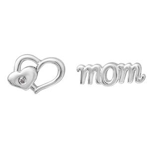 Sterling Silver Asymmetrical Heart And Mom Stud Earrings